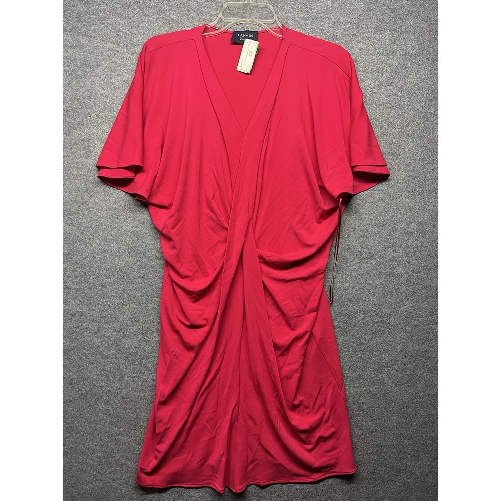 LANVIN Paris Red Ruched Wrap Dress Women's Medium V-Neck Short Sleeve France